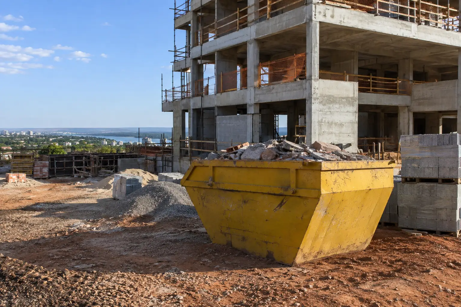 Aluguel de caçamba de entulho DF: caçamba em canteiro de construção de edifício. Cena ilustrativa.