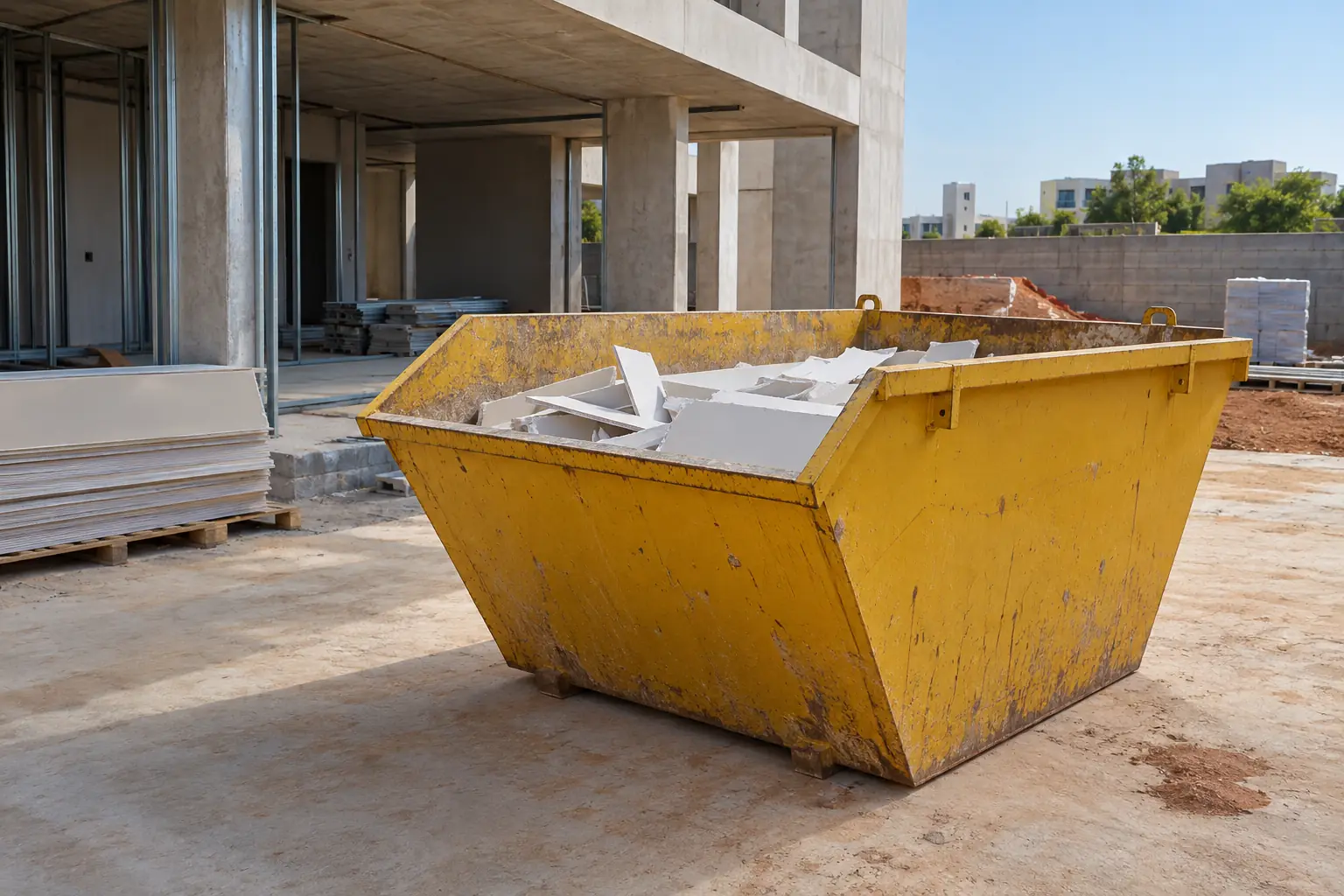 Aluguel de caçamba de entulho DF: caçamba exclusiva para recortes de gesso e drywall. Cena ilustrativa.