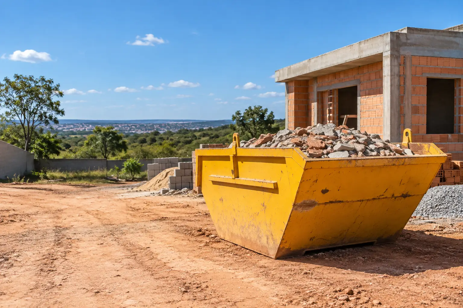 Aluguel de caçamba de entulho DF: caçamba com entulho em uma construção residencial. Cena ilustrativa.