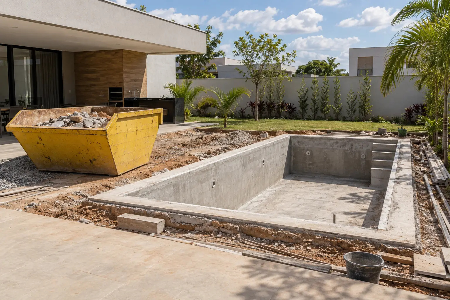 Aluguel de caçamba de entulho DF: caçamba junto a uma piscina em construção. Cena ilustrativa.