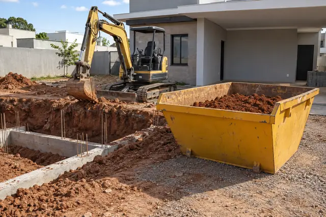 Aluguel de caçamba de entulho DF: caçamba e escavação de solo em obra. Cena ilustrativa.