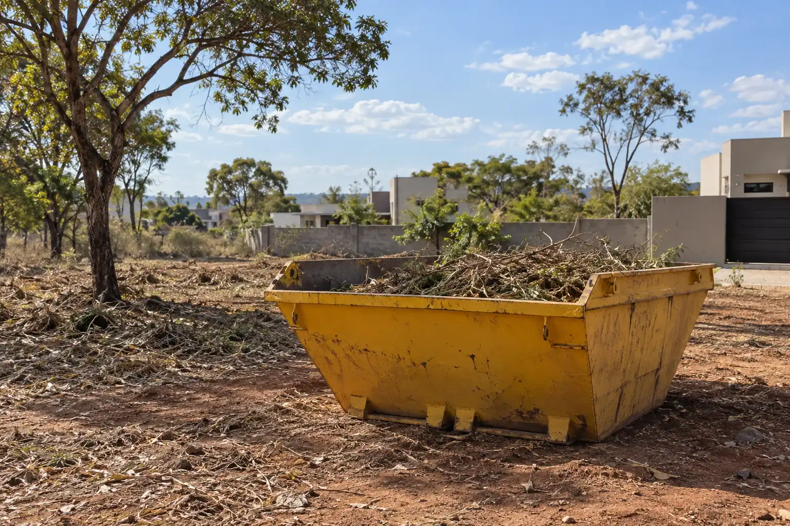 Aluguel de caçamba de entulho DF: caçamba durante limpeza de um terreno. Cena ilustrativa.