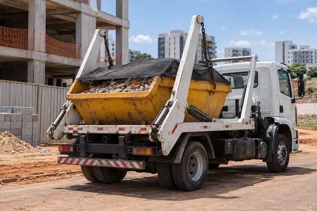 Aluguel de caçamba de entulho DF: caminhão transportando caçamba com carga coberta. Cena ilustrativa.